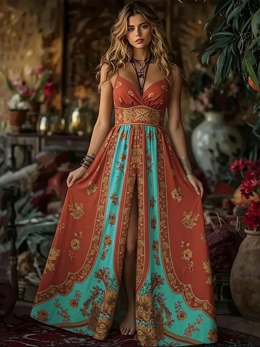 Boho Floral Maxi Dress - Rust & Aqua